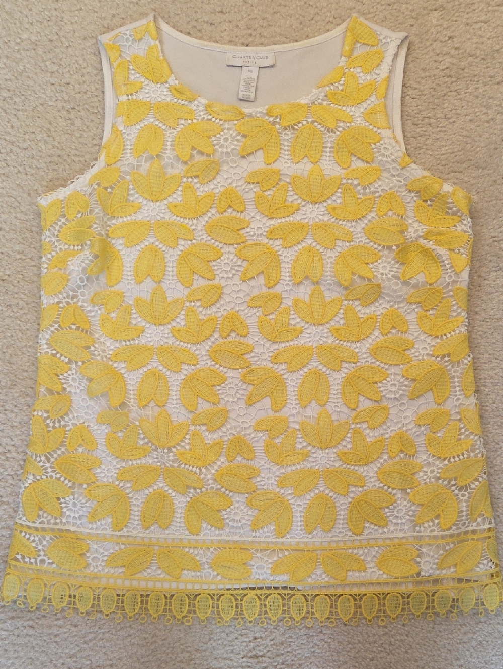 Charter Club Yellow and White Sleeveless Lace Overlay Top